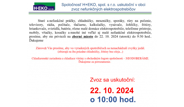 Zber elektroodpadu 22.10.2024 o 9:30 hod