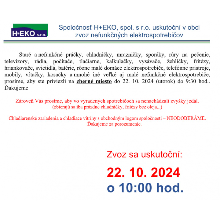 Zber elektroodpadu 22.10.2024 o 9:30 hod